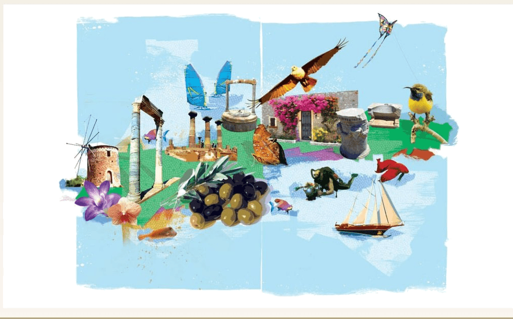 Eski Datça — yel değirmeni, Knidos sütunları, Datça hurması, begonvil ve zeytin kolajı